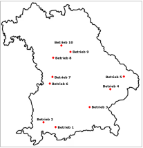 Bayernkarte mit 10 eingezeichneten Zielen, die der Lage der Best-Practice-Betrieben entsprechen