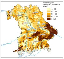 Erosionskarte Bayern: Abtrag je Gemarkungen von gelb unter 3,0 bis tiefbraun über 10,0 t/ha*a 