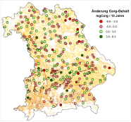 Bayernkarte mit den Untersuchungsstandorten und grafischer Darstellung der Auswertung der Corg-Veränderungen