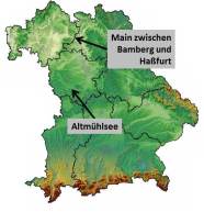 Bayernkarte mit Verortung der beiden Modellregionen Gänsemanagement "Altmühlsee" und "Main zwischen Bamberg und Haßfurt"