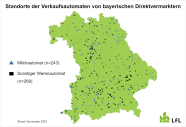 Bayernkarte, in der alle Standorte von Automaten, die von Direktvermarktern betrieben werden, eingetragen sind. Unterschieden werden Milchautomaten (n=243) und sonstige Automaten (n=269).