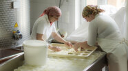 Zwei Frauen am Arbeitstisch einer Hofkäserei füllen kleine Formen mit Käse.