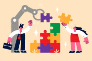 Illustration: Puzzle-Teile werden von einem Roboterarm, einem Mann und einer Frau zusammengefügt.