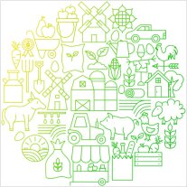 Icon Cloud mit landwirtschaftlichen Motiven wie Schwein, Pflanze, Milchkanne, Traktor