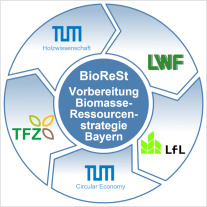 Logo: BioReSt – Vorbereitung Biomasse-Ressourcenstrategie Bayern: TUM (Holzwirtschaft und Circular Econcomy), LWF, LfL und TFZ