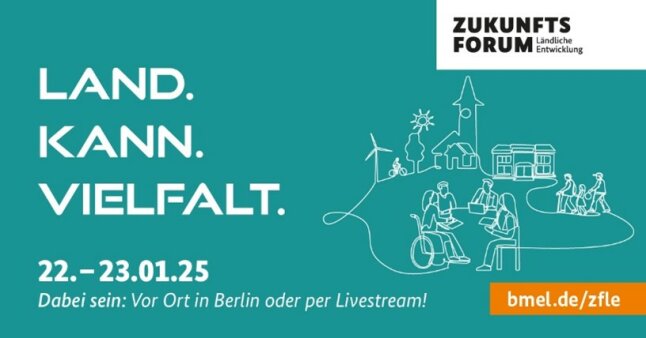 Logo von Land. Kann. Vielfalt. Text: Zukunftsforum Ländliche Entwicklung 22.-23.01.25 