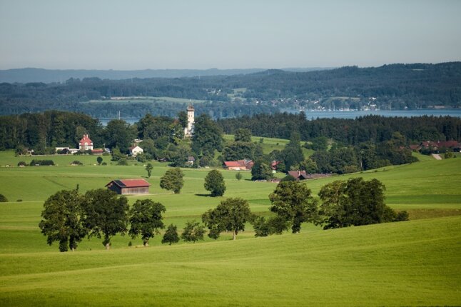 hügelige Landschaft mit Wiesen, Wäldern und einzelnen Häusern