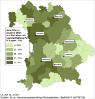 Bayernkarte Anteil der erzeugten Milch mit Kühen in Laufställen (Hochrechnung 2016)