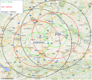 Bayernkarte mit eingezeichneten Entfernungskreisen um die Stärkefabriken