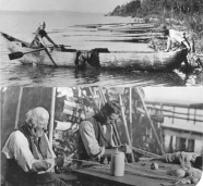 Collage Fischer und Fischerin in einem Boot, Männer beim Netze knüpfen