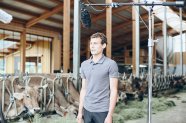 Mann steht vor einer Herde Milchkühe im Stall und wird interviewt