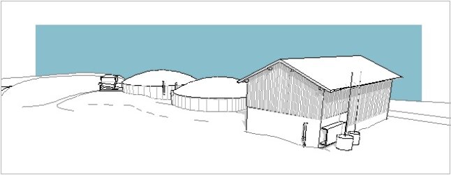 Skizze: Zeichnerische Ansicht einer Güllekleinanlage auf einem viehhaltenden Betrieb in Oberbayern