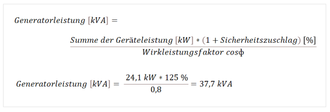 Formel zur Berechnung der Generatorenleistung: Summe der Geräteleistung mal (1+ Sicherheitszuschlag) in % geteilt durch Wirkleistungsfaktor Cosinus von Phi