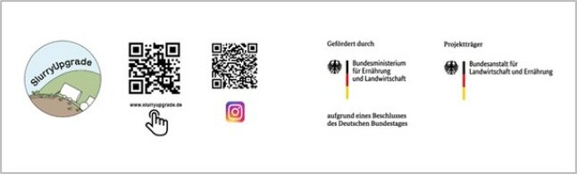 Logos: SlurryUpgrade, Gefördert durch Bundesministerium für Ernährung und Landwirtschaft aufgrund eines Beschlusses des Deutschen Bundestags, Projektträger Bundesanstalt für Landwirtschaft und Ernährung sowie zwei QR-Codes zur Feldtaginformation (www.slurryupgrade.de und Instagram).