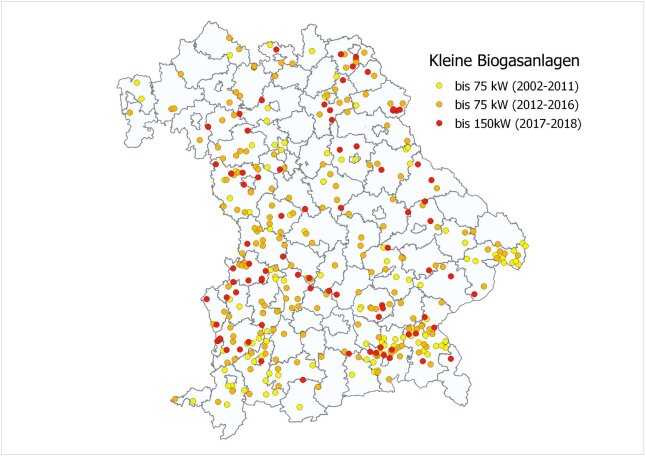 Bayernkarte mit kleinen Biogasanlagen (installierte elektrische Leistung bis 75 kW (2002 bis 2016) sowie Anlagen bis 150 kW (2017 bis 2018)