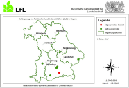 Auf einer Karte von Bayern sind sechs ehemalige ALB-Befallsgebiete sowie die akute Quarantänezone Miesbach markiert. (LfL)gsbezirken. Marki