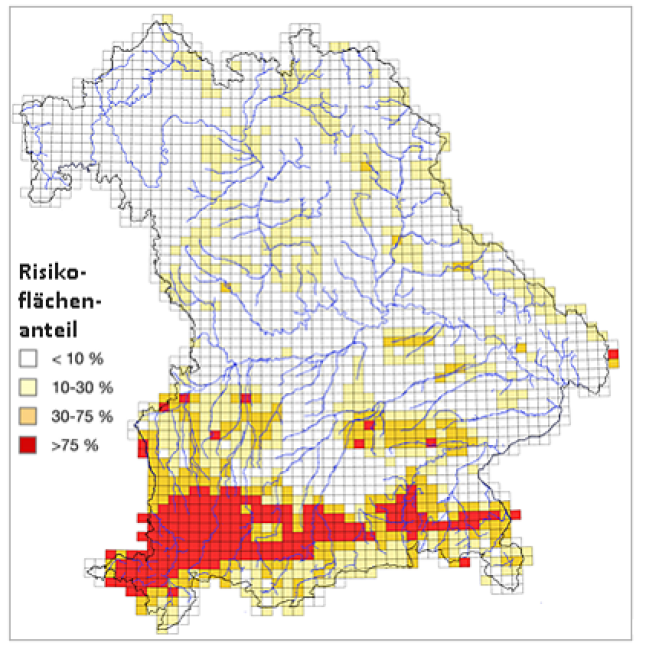 Bayernkarte mit Darstellung der Gebiete mit hohem WKK-Befallsrisiko