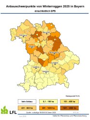 Karte von Bayern mit Anbauschwerpunkten von Winterroggen 2025, farblich gekennzeichnet 