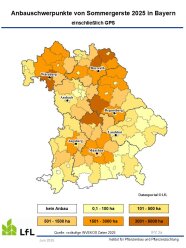 Karte von Bayern mit Anbauschwerpunkten von Sommergerste 2025, farblich gekennzeichnet