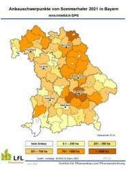 Karte von Bayern mit Anbauschwerpunkten von Sommerhafer Ernte 2021			