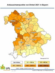 Karte von Bayern mit Anbauschwerpunkten von Dinkel Ernte 2021			