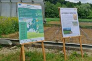 Zwei Poster auf Ständern vor dem Gewächshaus, im Hintergrund Wald
