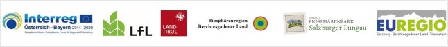Logos der Projektpartner zur Rekultivierung des Binkels: Interreg, LfL, Biosphärenregion Berchtesgadener Land, Biospärenpark Salzburger Lungau und EUREGIO.