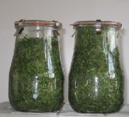 Zwei Einmachgläser mit grünen Pflanzen drin