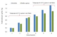 Säulendiagramm, das den Futterverbrauch der Tiere der beiden Gruppen für jede Woche zeigt. Tiere der Kontrolle hatten mit Ausnahme von Versuchswoche 5  einen höheren Futterverbrauch.  