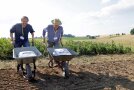 Zwei Personen schieben eine Schubkarre auf einer Versuchsparzelle.