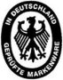 Ein ovales Siegel zeigt in der Mitte einen schwarzen Adler und im ovalen, schwarzen Ring rundum die Schrift: In Deutschland geprüfte Markenware. 