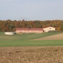 Bäuerliche Landschaft mit Betrieb im Hintergrund