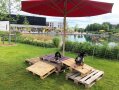 Zwei Hunde auf Holzpaletten vor dem Landesgartenschau-Teich.