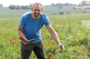 Dr. Peer Urbatzka bei der Arbeit in einer Wiese.