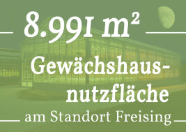 Grafik mit Schriftzug 8.991 Quadratmeter Gewächshausnutzfläche am Standort Freising