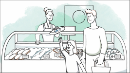 Zeichnung: Ein Kind, begleitet von seinem Vater, nimmt im Fischladen ein Paket von der Verkäuferin an.